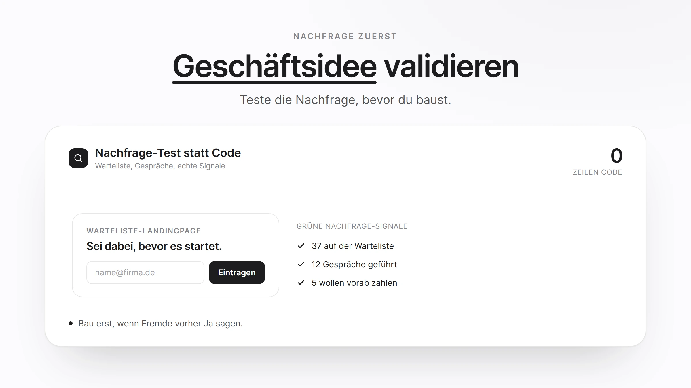 Geschäftsidee validieren vor dem Bauen: Nachfrage-Tests statt Code