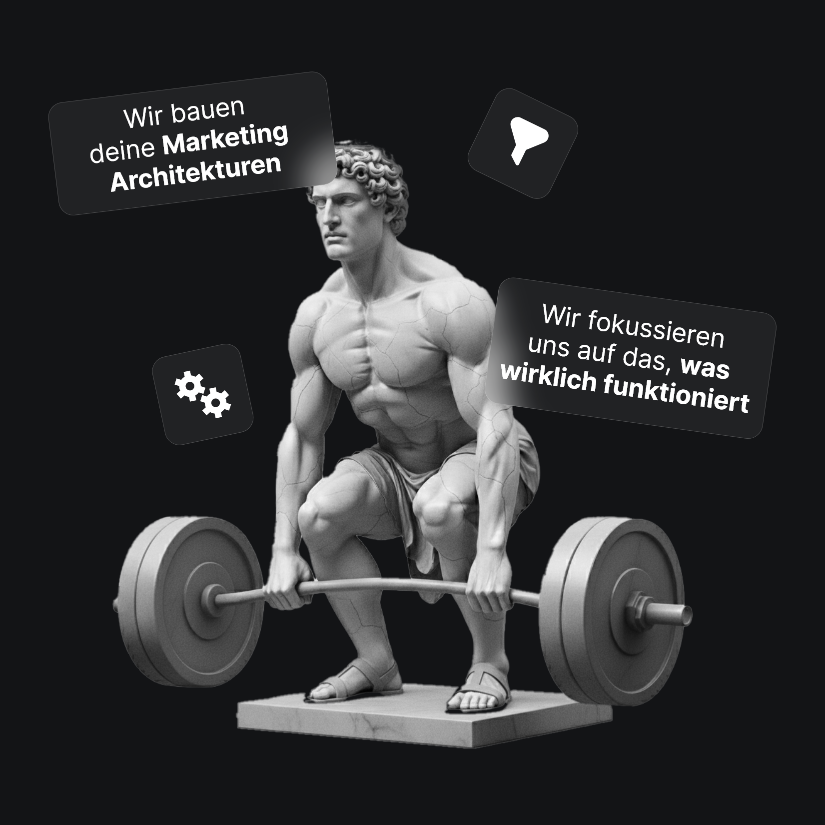 Skulptur eines muskulösen Mannes in antiken Sandalen, der eine Langhantel hebt, umgeben von Texten über Marketingarchitekturen.