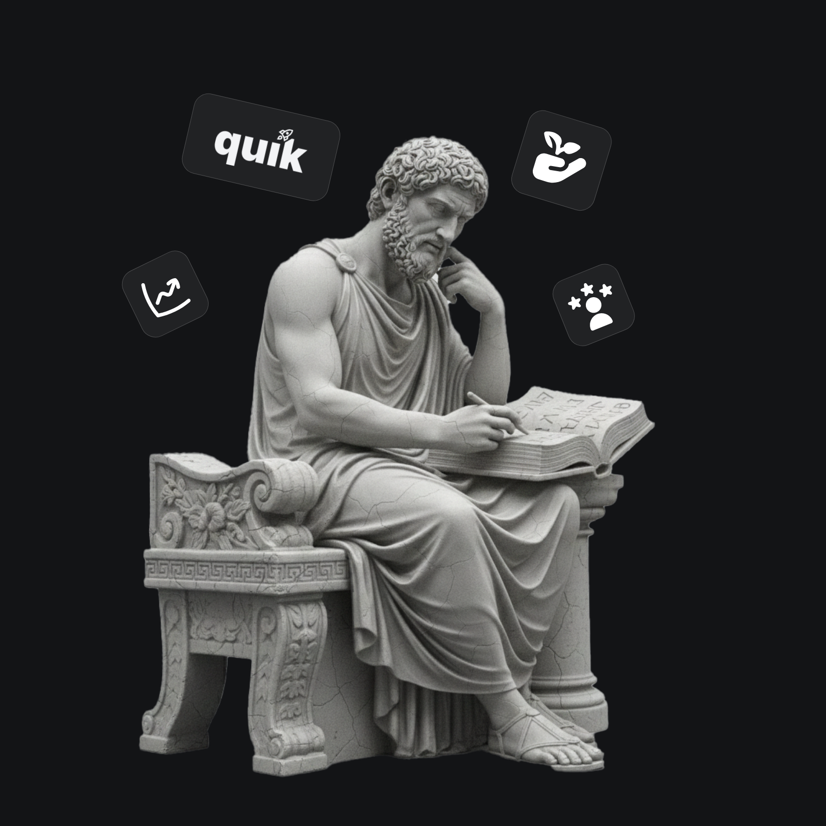 Griechische Statue eines sitzenden Mannes, der in ein Buch schreibt, umgeben von Symbolen für Wachstum, Pflege und Bewertung mit dem Schriftzug quik.